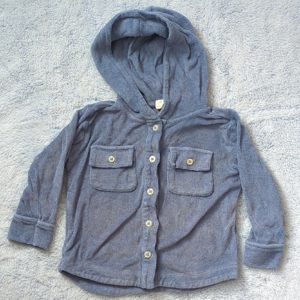 2T Kate Quinn Organics Blue Cotton Terry Hoodie Hooded Shacket Shirt Jacket